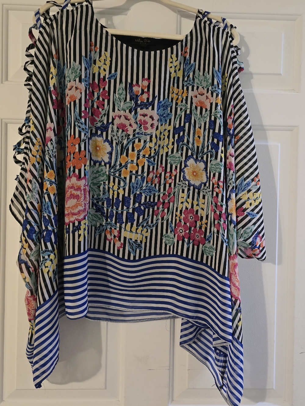 Melissa Page Floral Stripe Cold-Shoulder Blouse in Black & Blue